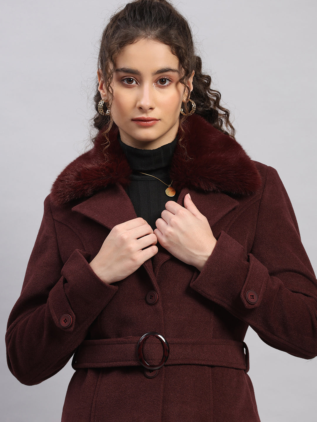 Women Maroon Solid Collar Full Sleeve Coat