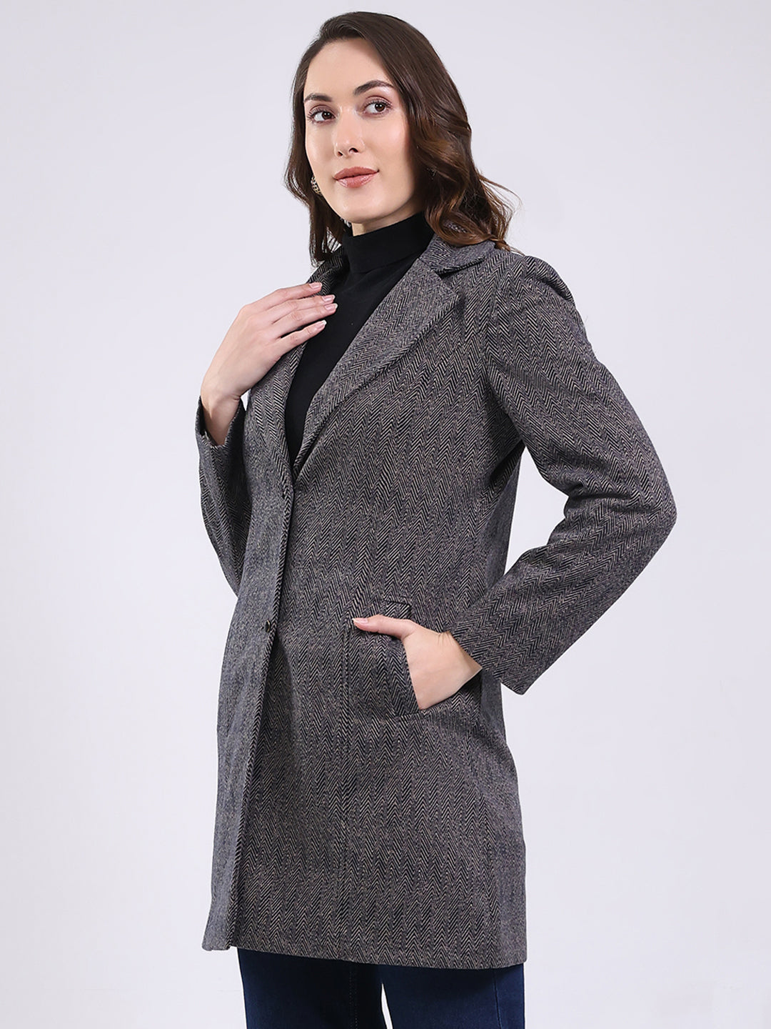 Women Black Self Design Notch Lapel Collar Full Sleeve Coat
