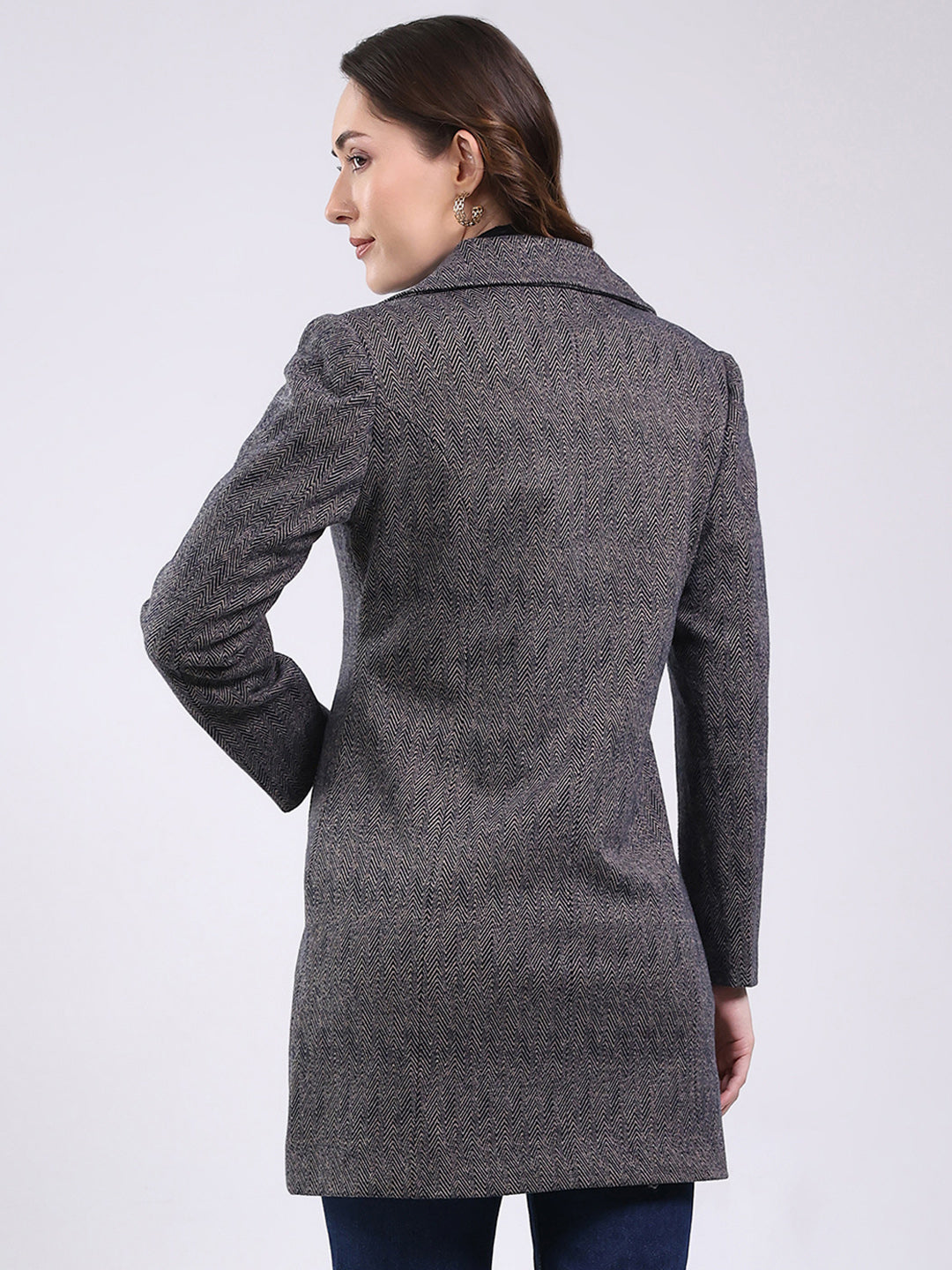 Women Black Self Design Notch Lapel Collar Full Sleeve Coat