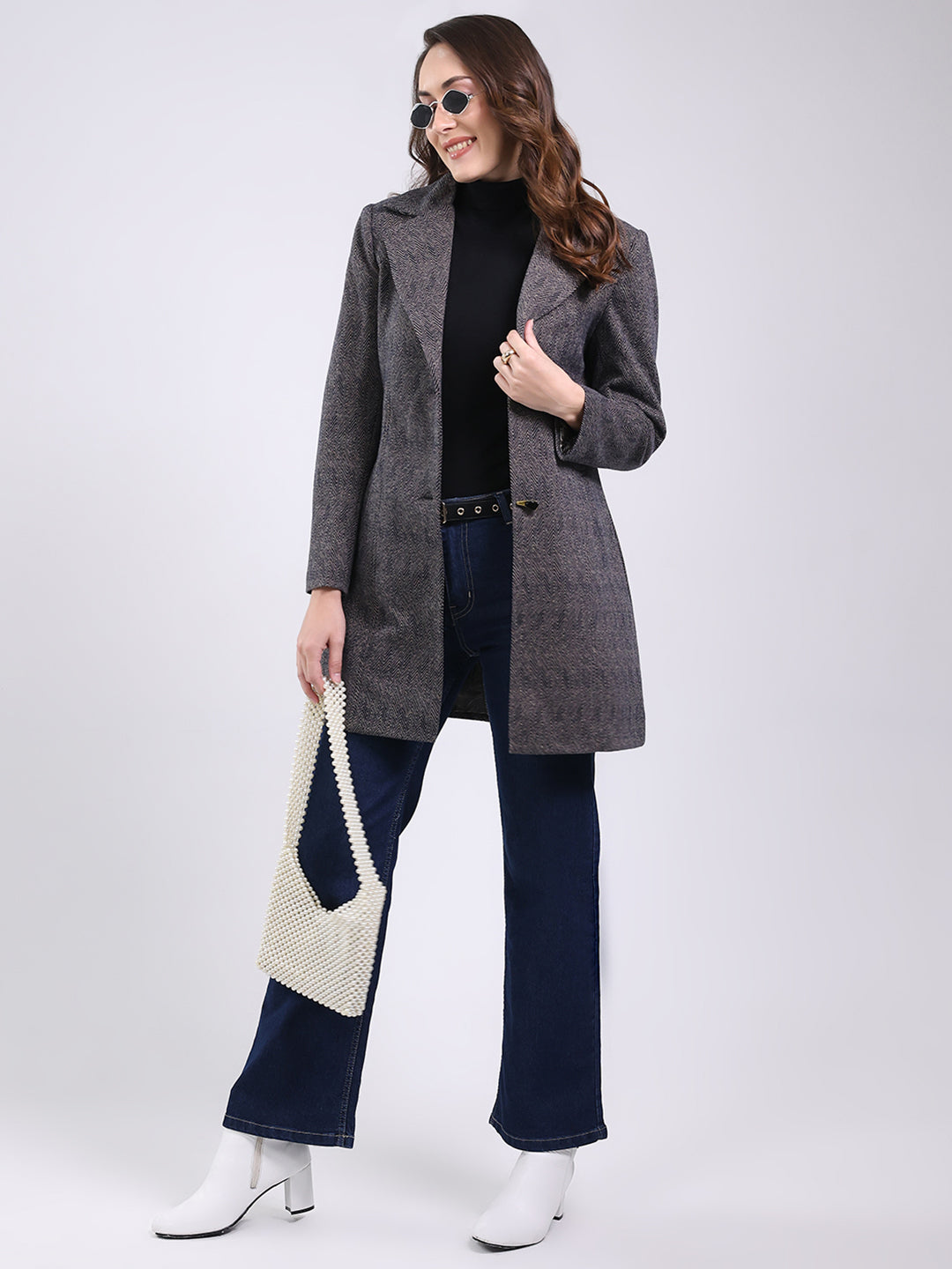 Women Black Self Design Notch Lapel Collar Full Sleeve Coat