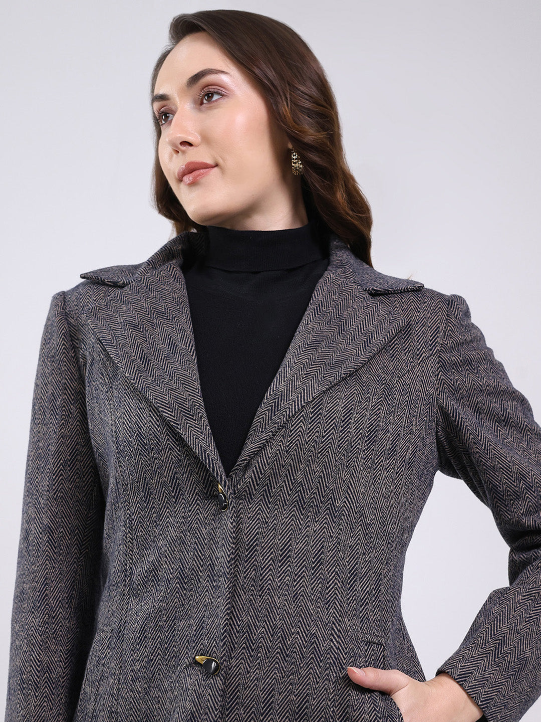 Women Black Self Design Notch Lapel Collar Full Sleeve Coat