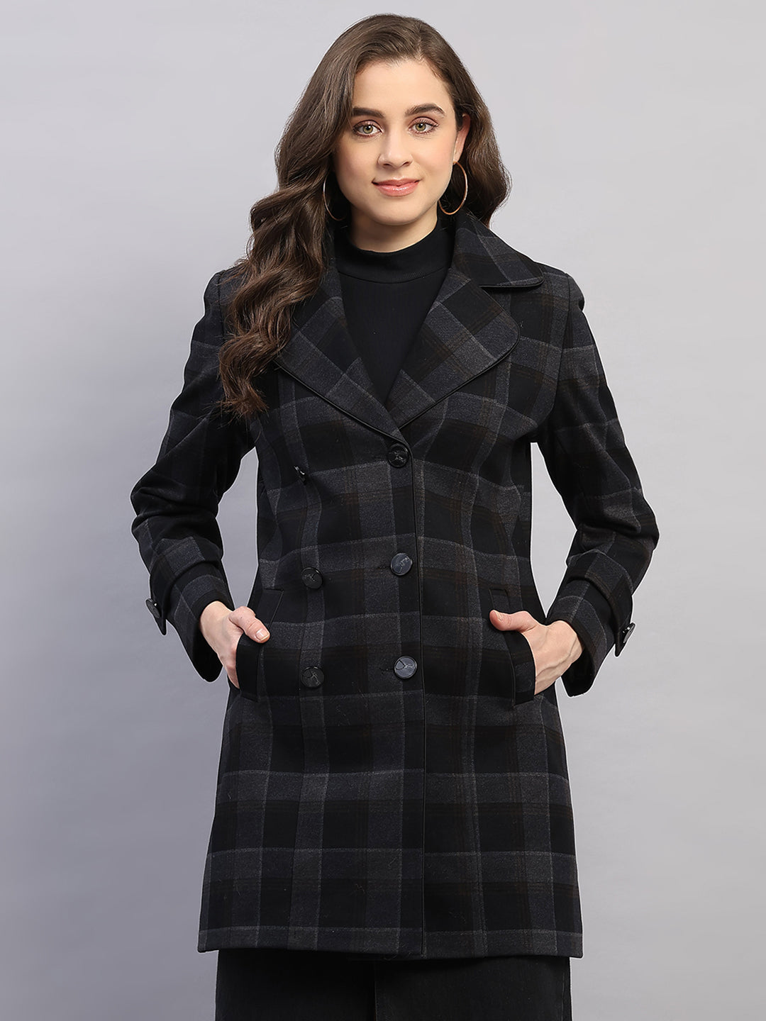 Women Black Check Collar Full Sleeve Coat