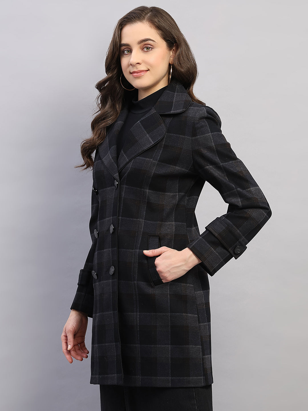 Women Black Check Collar Full Sleeve Coat