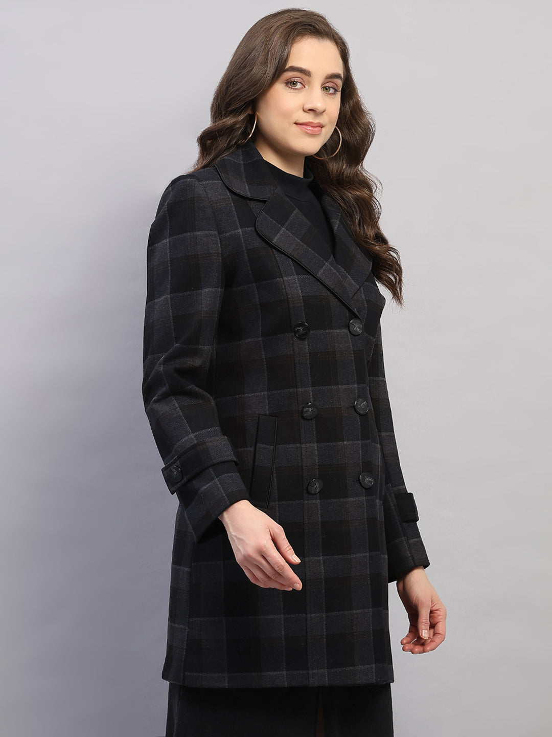 Women Black Check Collar Full Sleeve Coat