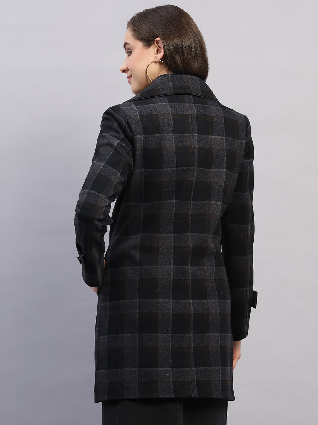 Women Black Check Collar Full Sleeve Coat