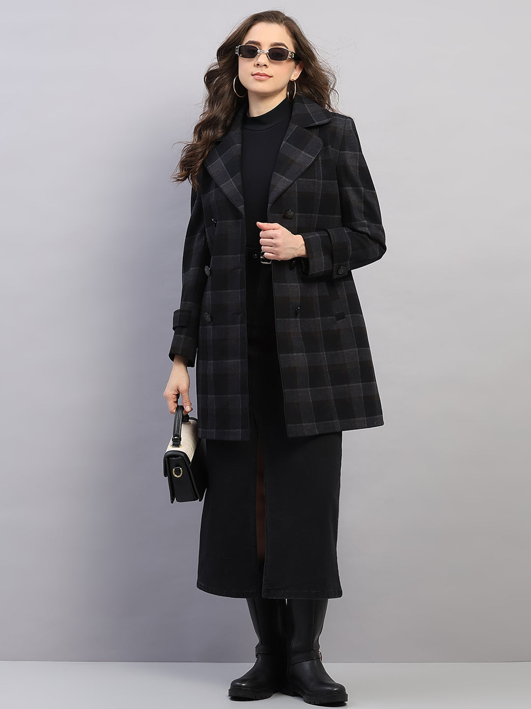 Women Black Check Collar Full Sleeve Coat
