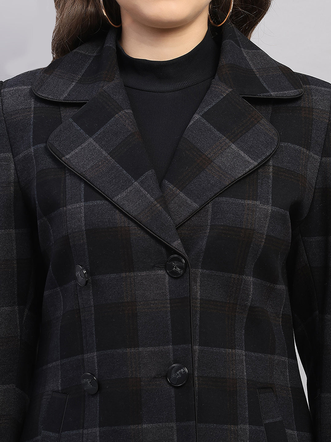 Women Black Check Collar Full Sleeve Coat