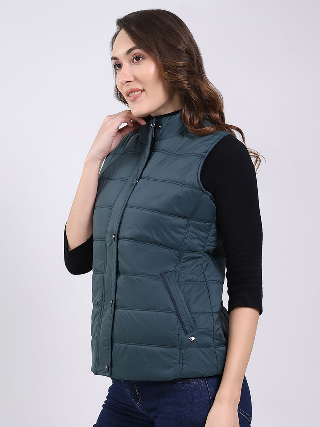 Women Teal Blue Solid Mock Neck Sleeveless Jacket