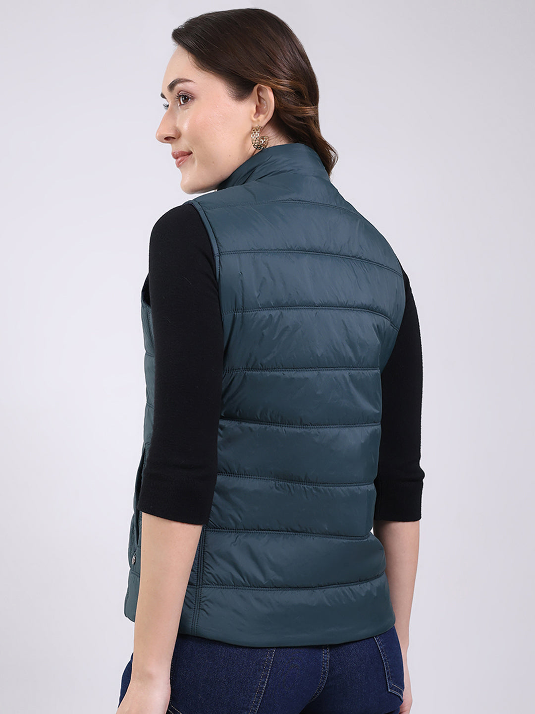 Women Teal Blue Solid Mock Neck Sleeveless Jacket