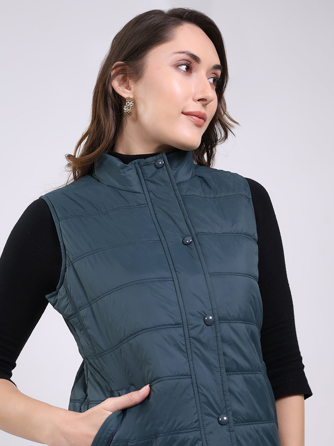 Women Teal Blue Solid Mock Neck Sleeveless Jacket