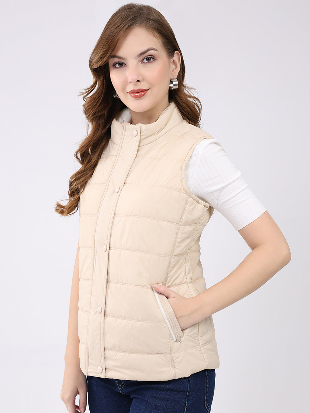 Women Beige Self Design Mock Neck Sleeveless Jacket