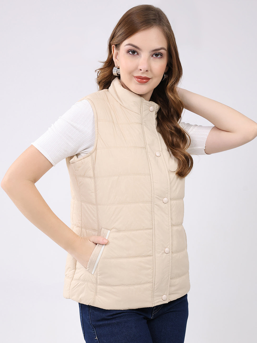 Women Beige Self Design Mock Neck Sleeveless Jacket