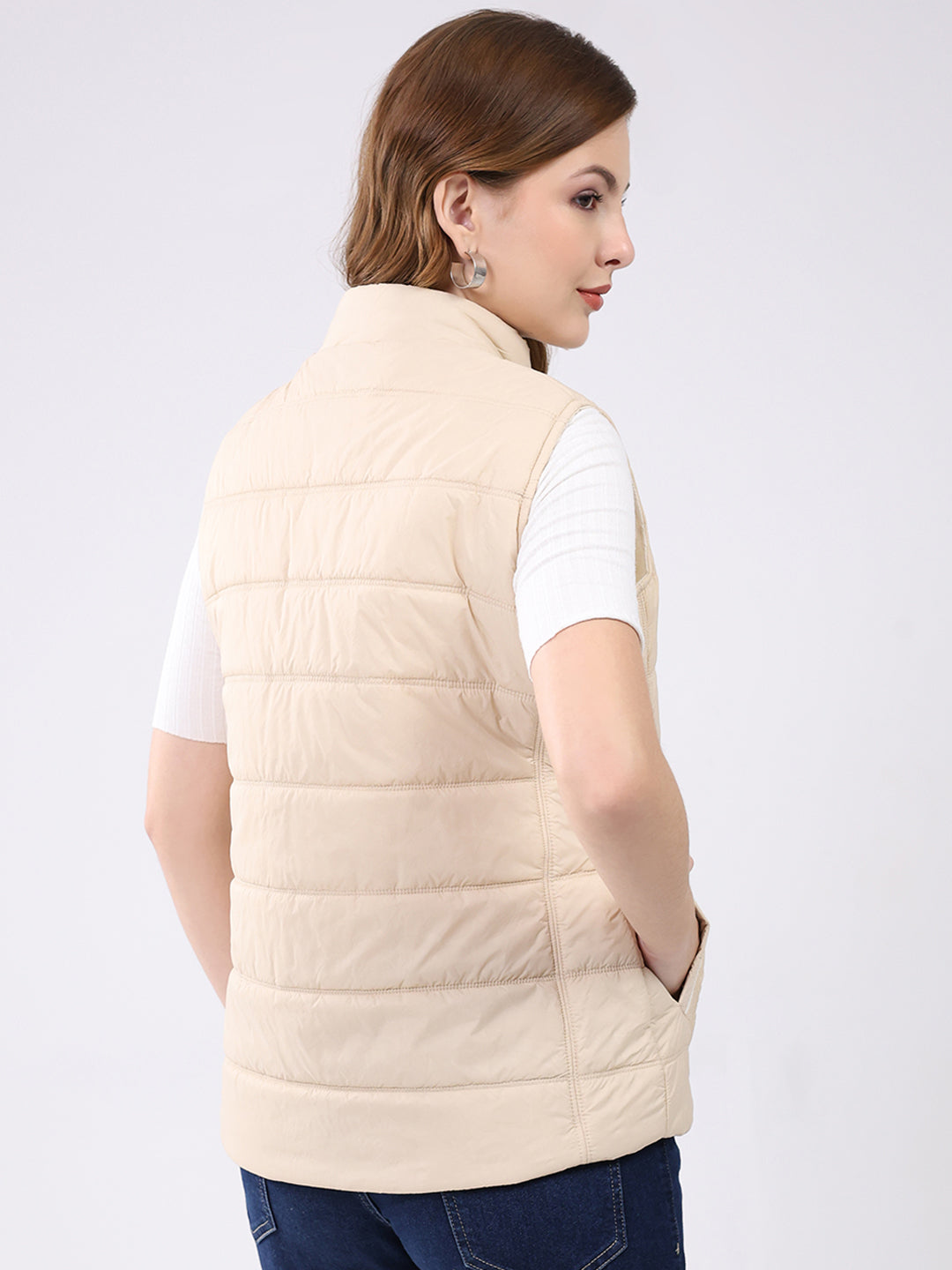 Women Beige Self Design Mock Neck Sleeveless Jacket