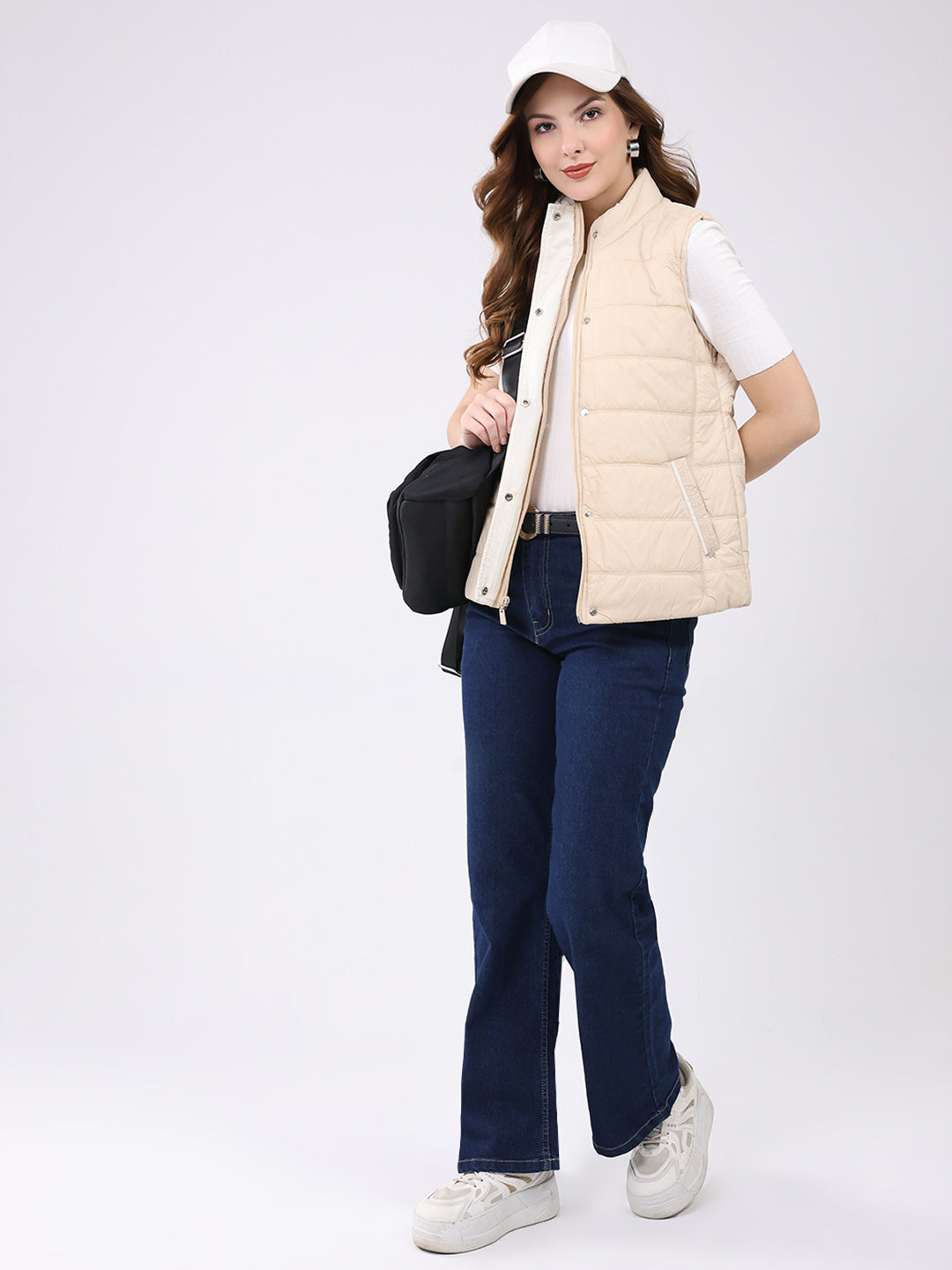 Women Beige Self Design Mock Neck Sleeveless Jacket