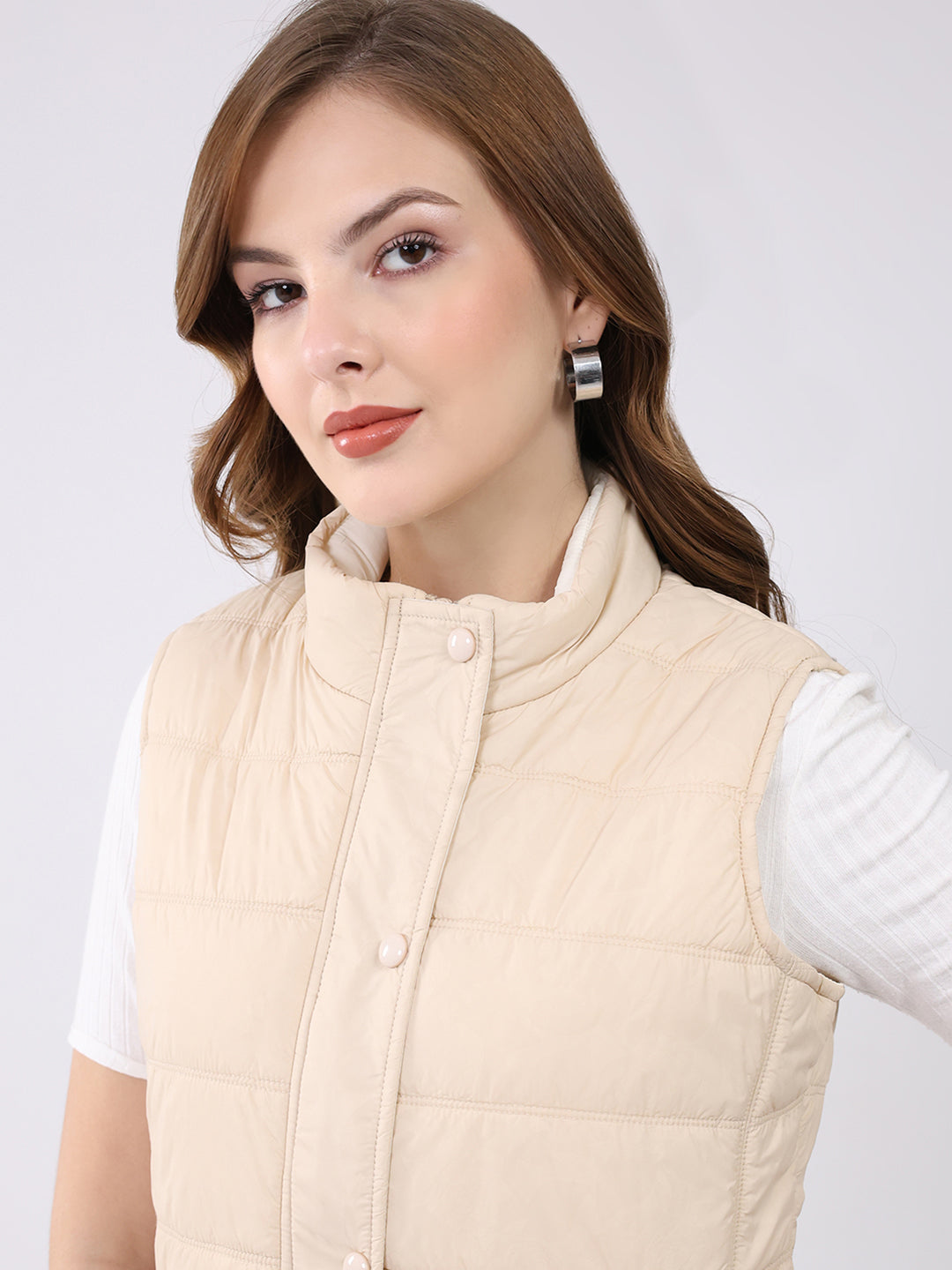Women Beige Self Design Mock Neck Sleeveless Jacket