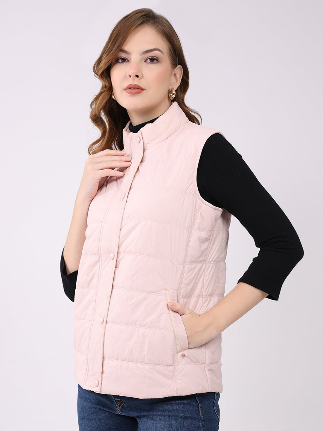 Women Pink Self Design Mock Neck Sleeveless Jacket