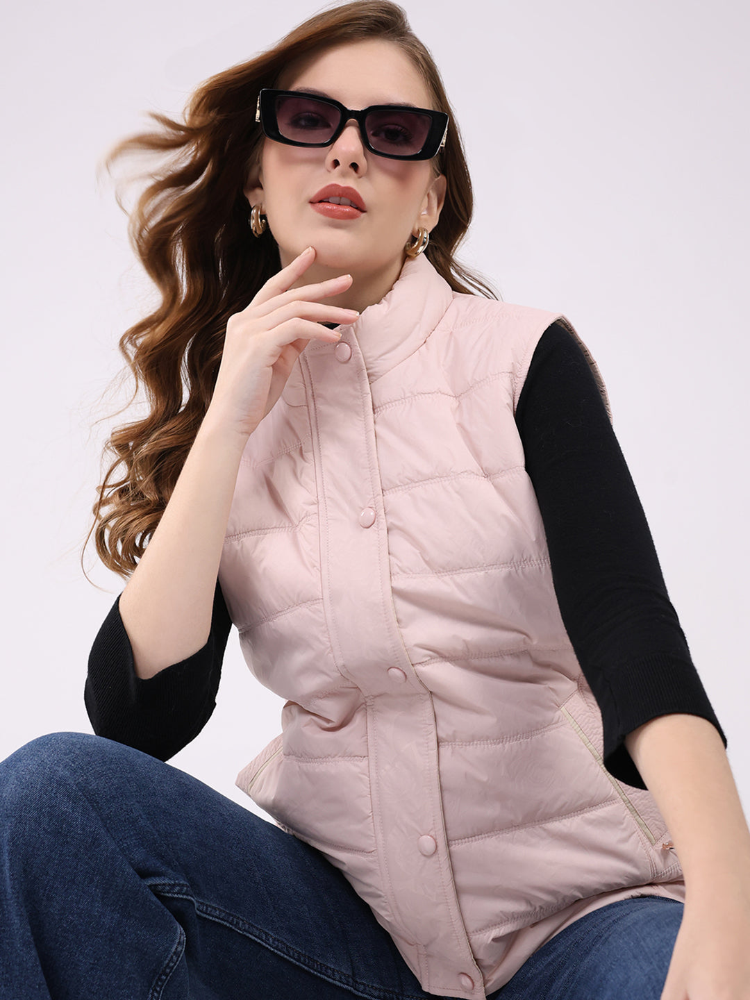 Women Pink Self Design Mock Neck Sleeveless Jacket