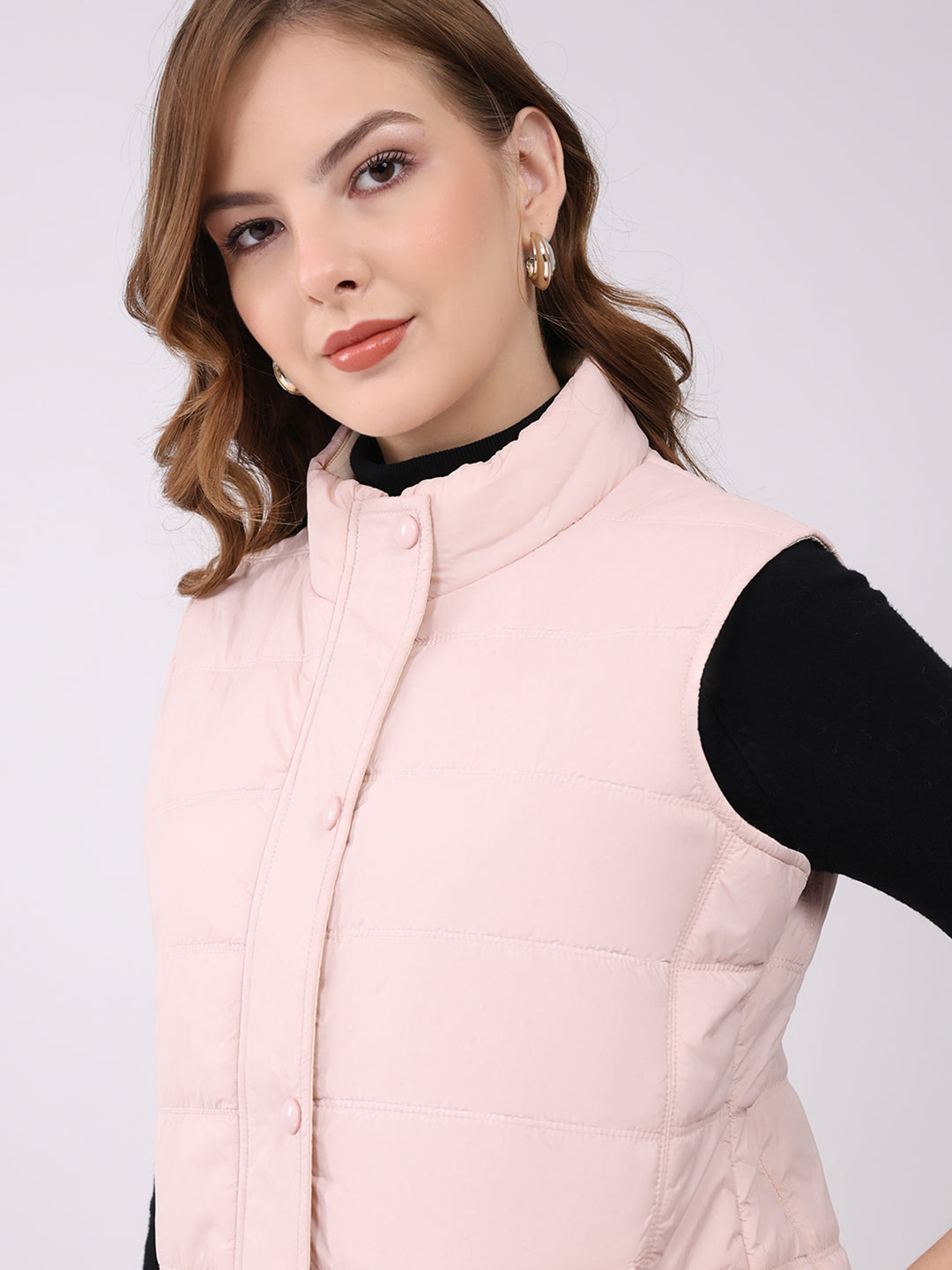 Women Pink Self Design Mock Neck Sleeveless Jacket
