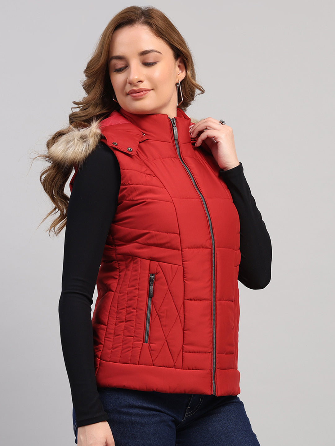 Women Red Solid Hooded Sleeveless Jacket