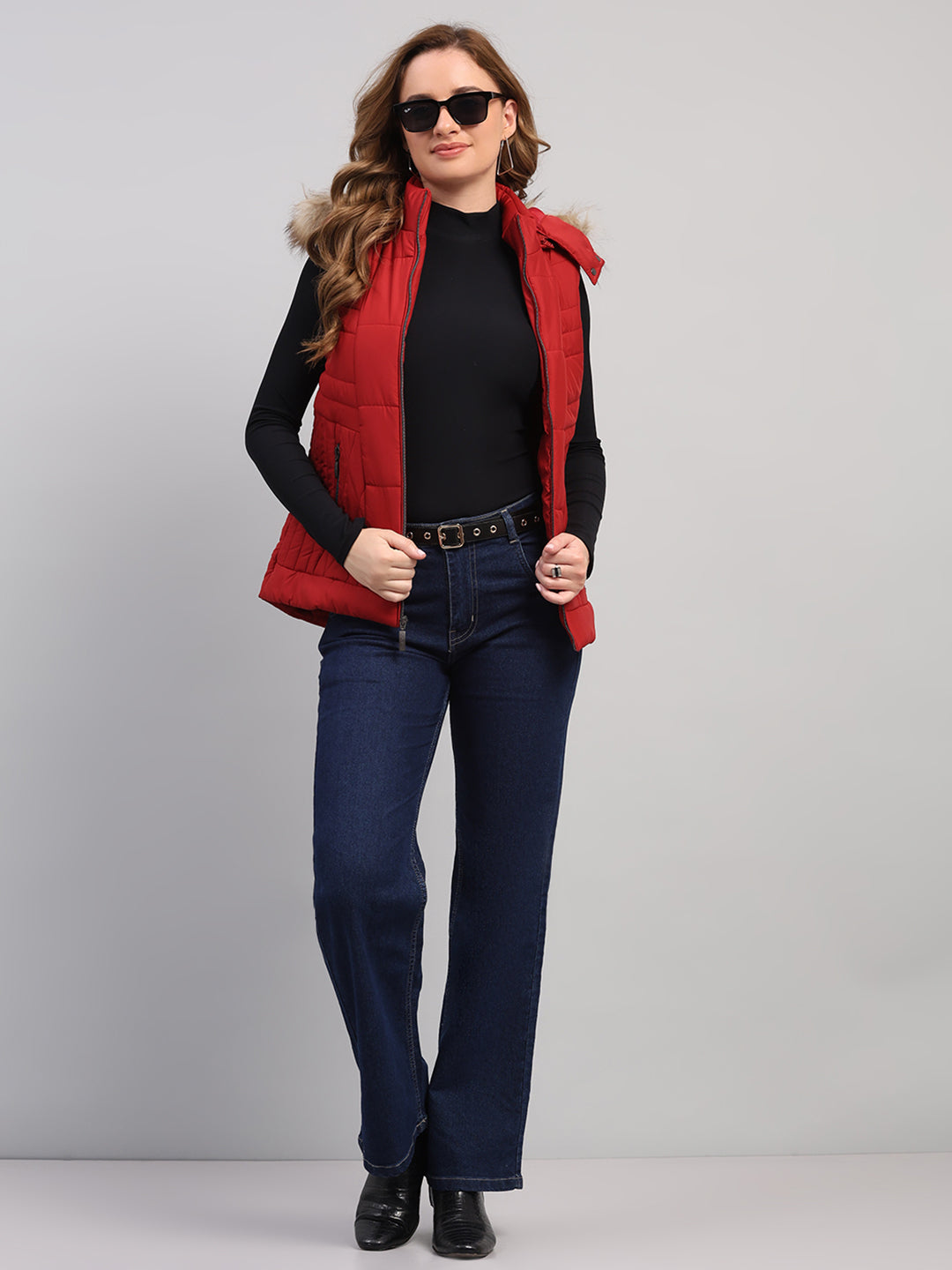 Women Red Solid Hooded Sleeveless Jacket