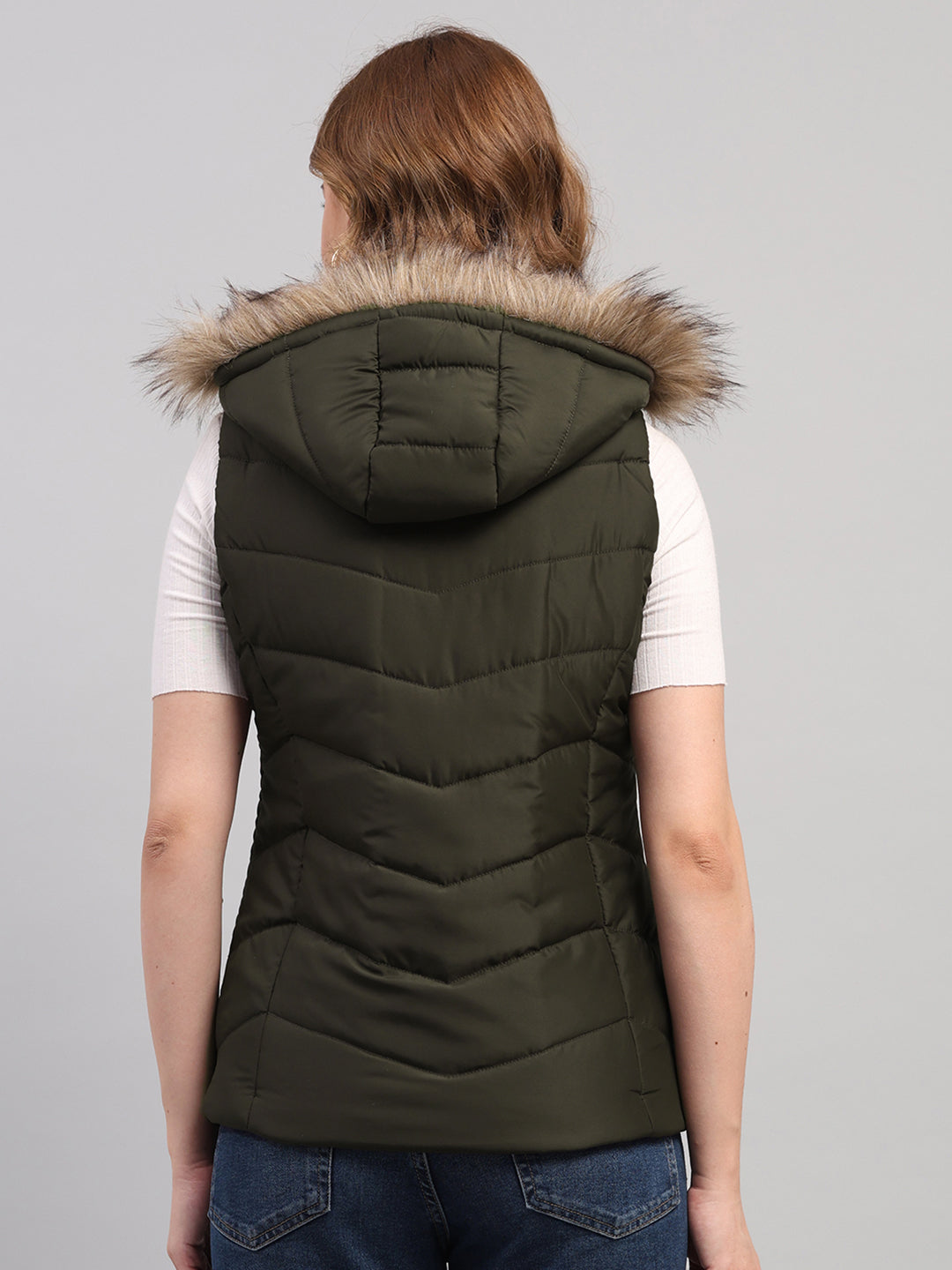 Women Olive Solid Hooded Sleeveless Jacket