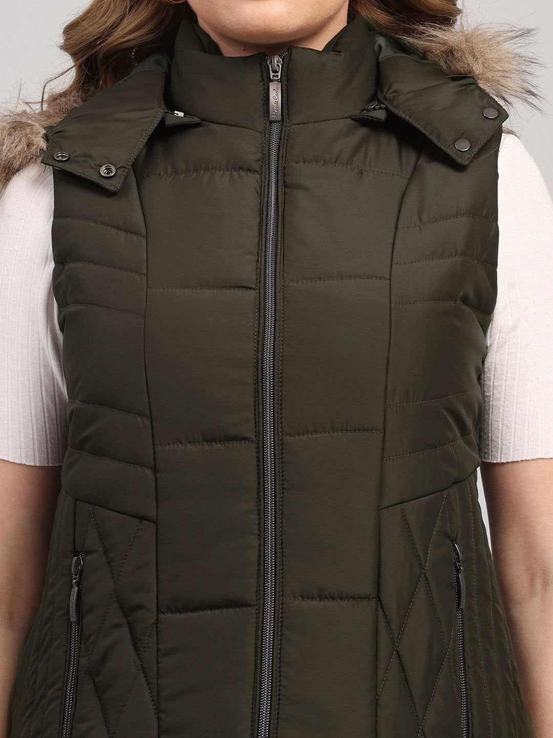 Women Olive Solid Hooded Sleeveless Jacket