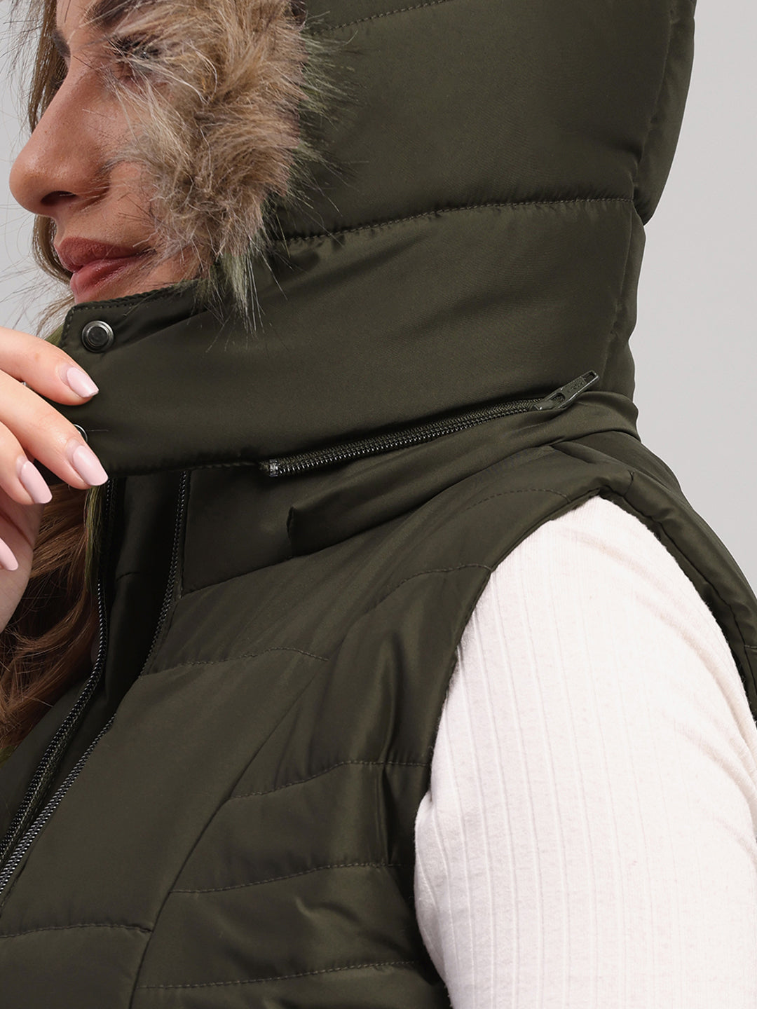 Women Olive Solid Hooded Sleeveless Jacket