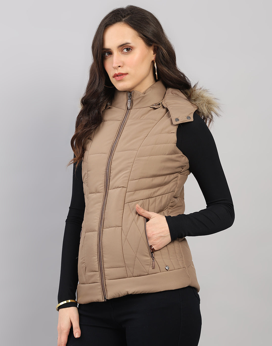 Women Khaki Solid Hooded Sleeveless Jacket