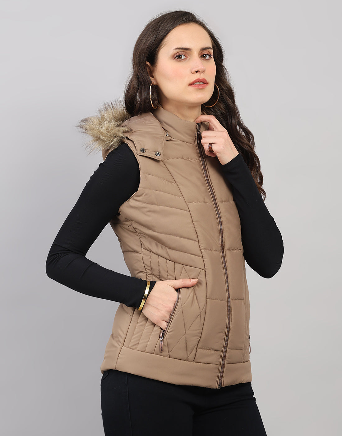 Women Khaki Solid Hooded Sleeveless Jacket