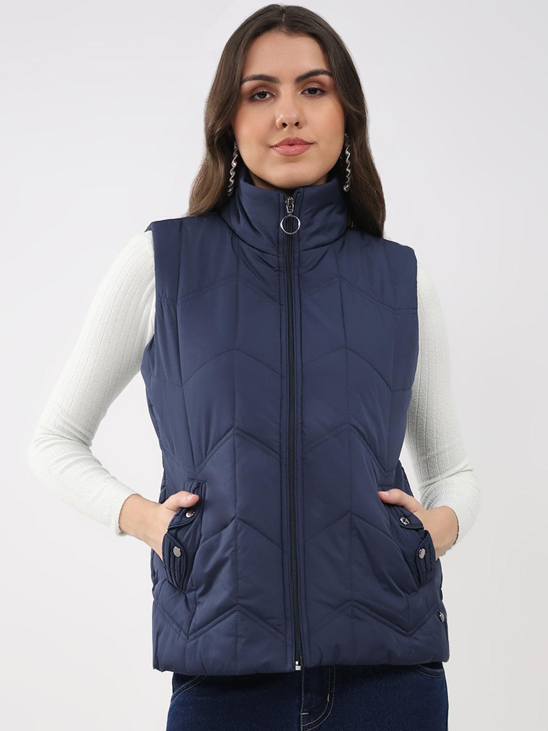 Women Navy Blue Solid Collar Sleeveless Jacket