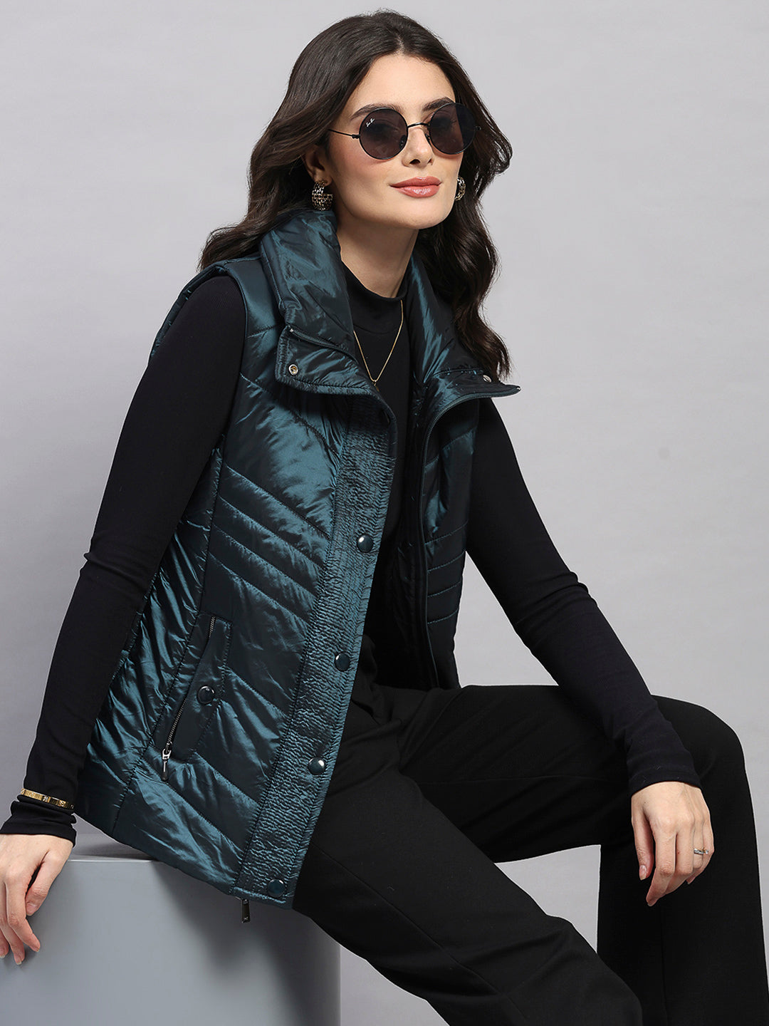 Women Teal Blue Self Design Collar Sleeveless Jacket