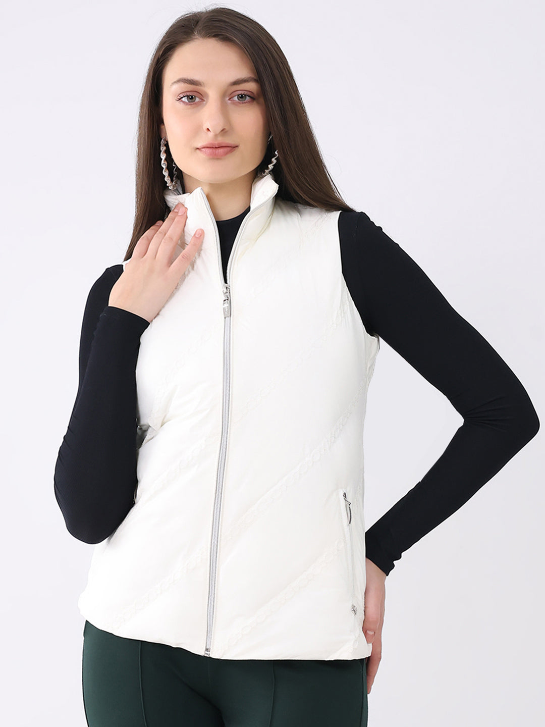 Women Off White Solid Collar Sleeveless Jacket