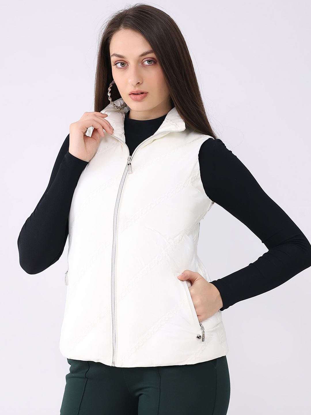 Women Off White Solid Collar Sleeveless Jacket