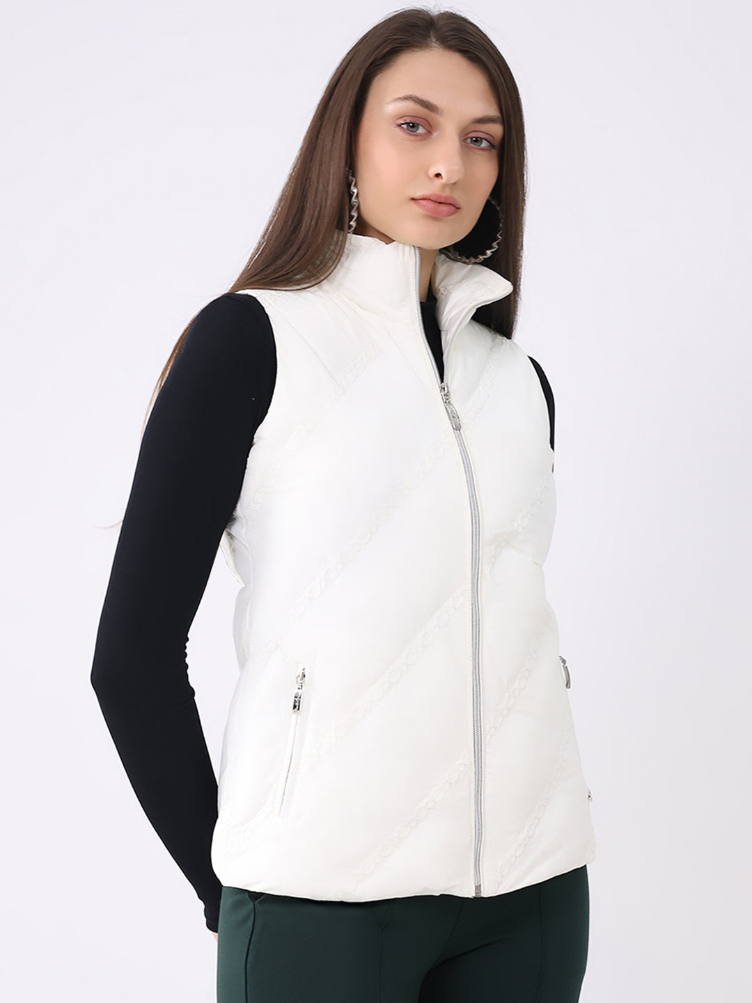 Women Off White Solid Collar Sleeveless Jacket