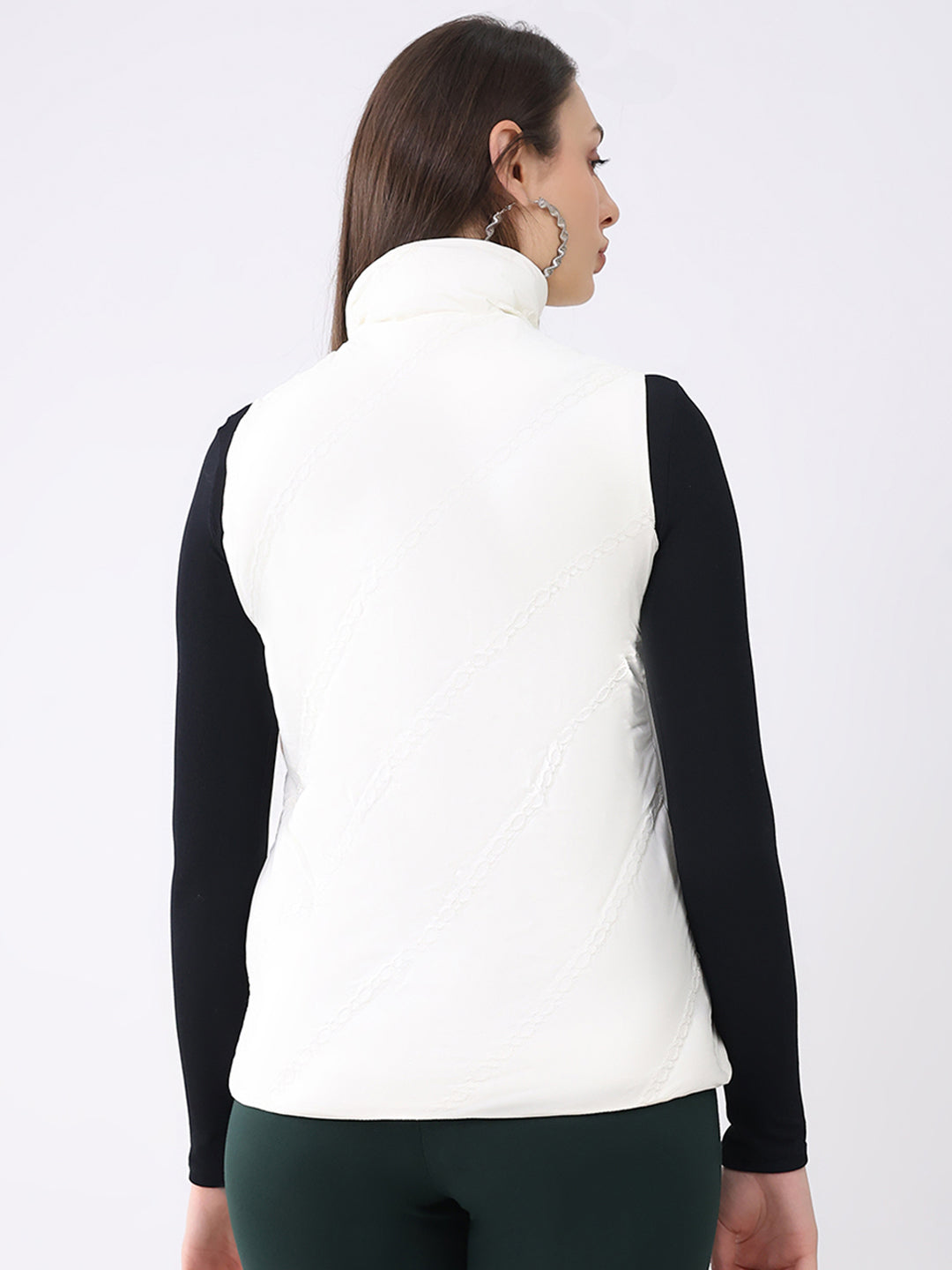 Women Off White Solid Collar Sleeveless Jacket