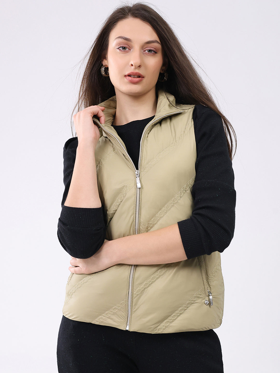 Women Khaki Solid Collar Sleeveless Jacket
