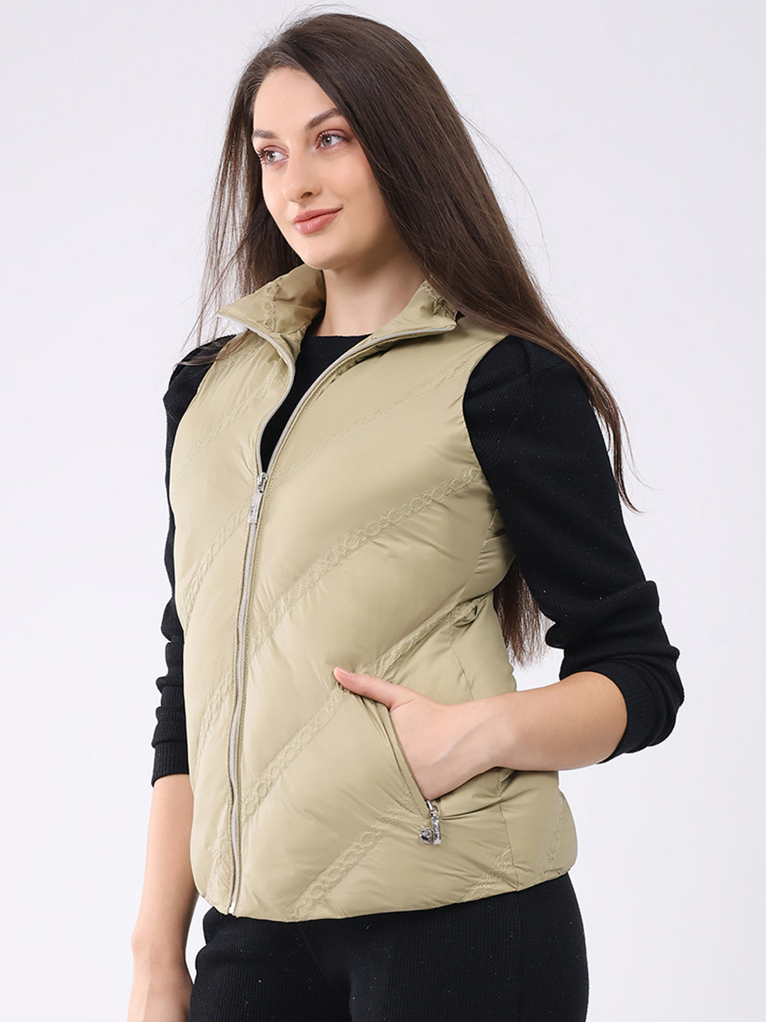 Women Khaki Solid Collar Sleeveless Jacket