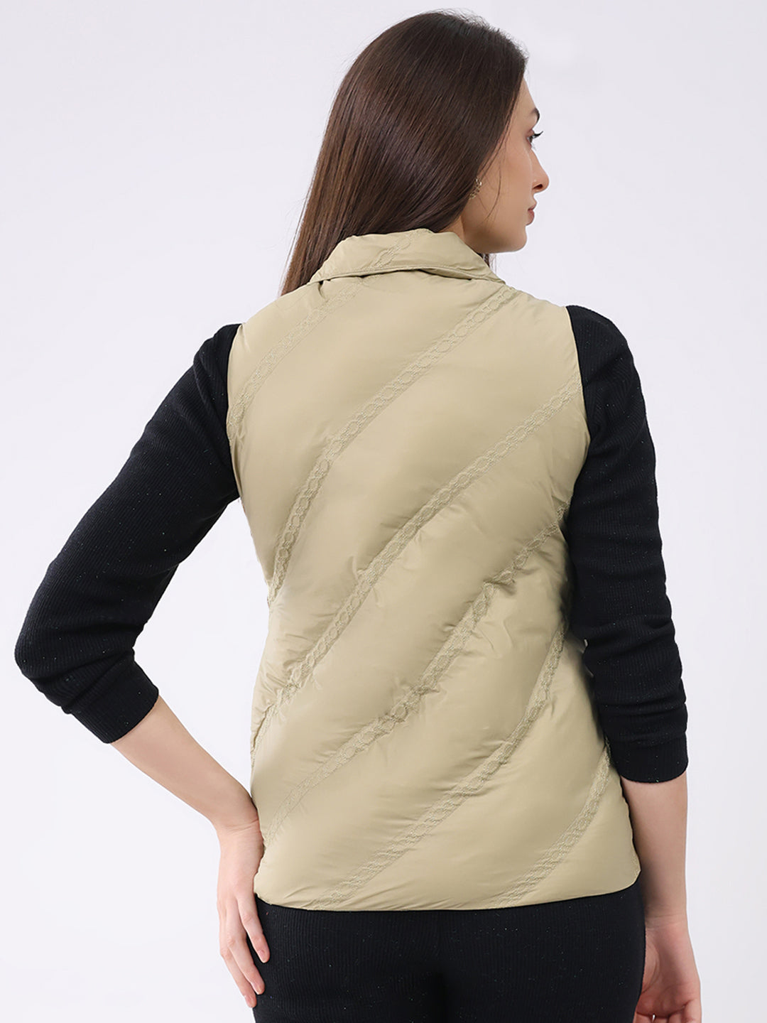 Women Khaki Solid Collar Sleeveless Jacket