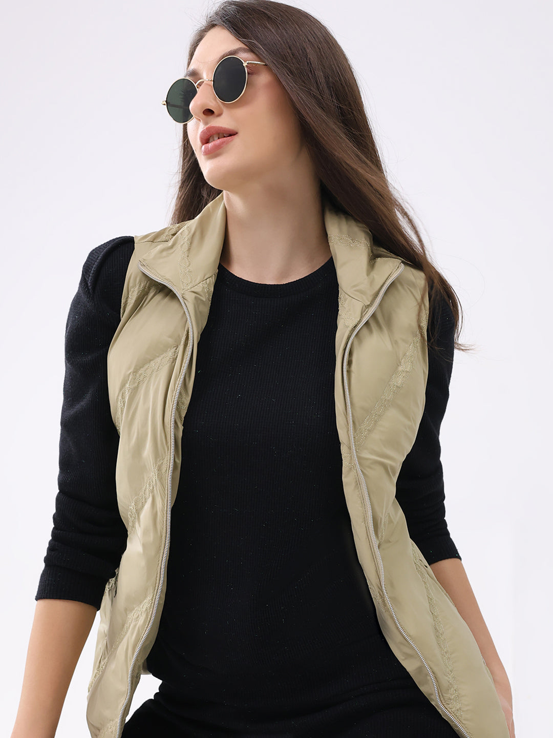 Women Khaki Solid Collar Sleeveless Jacket