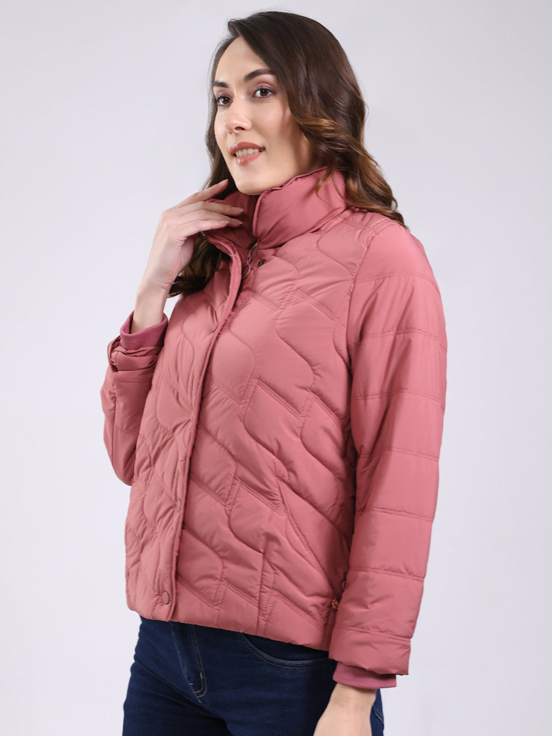 Women Pink Solid Mock Neck Full Sleeve Jacket