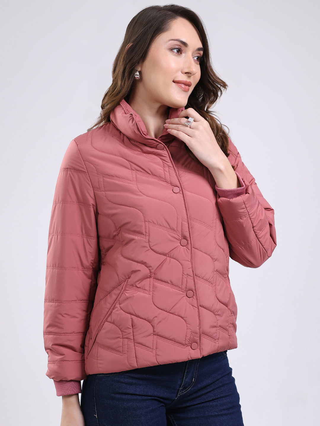 Women Pink Solid Mock Neck Full Sleeve Jacket