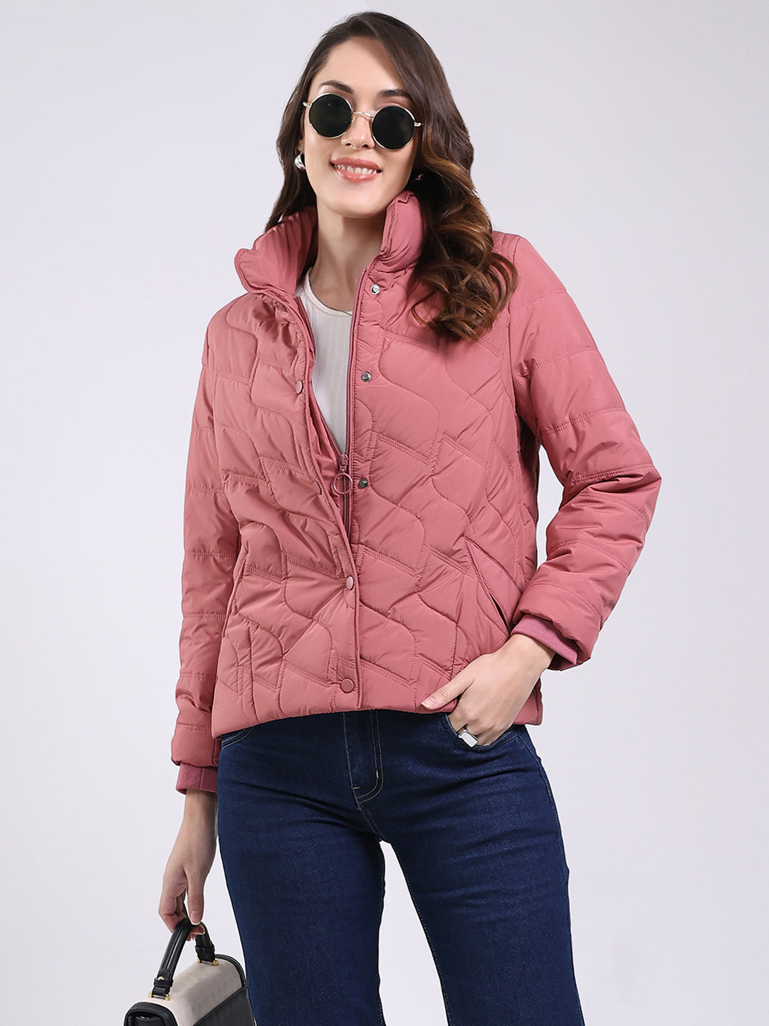 Women Pink Solid Mock Neck Full Sleeve Jacket
