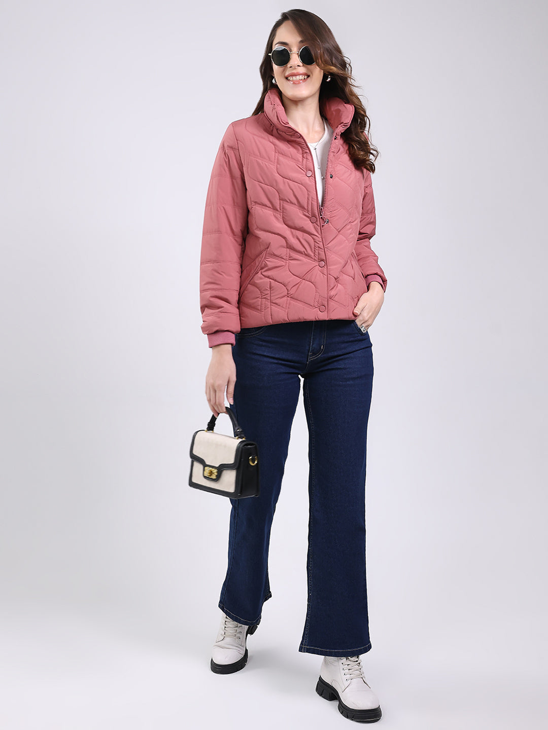 Women Pink Solid Mock Neck Full Sleeve Jacket