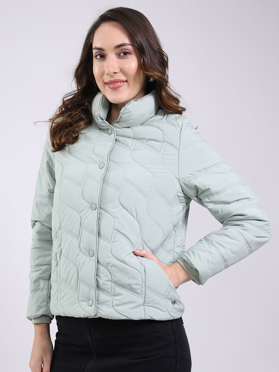 Women Mint Green Solid Mock Neck Full Sleeve Jacket