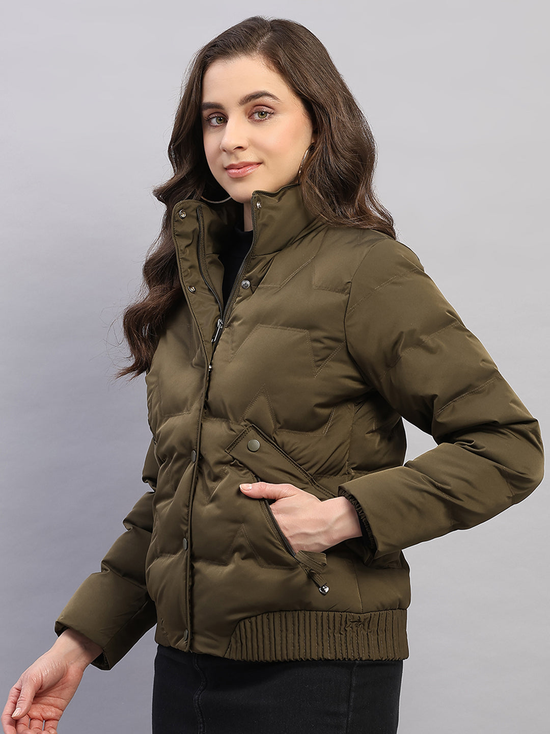 Women Olive Solid Collar Full Sleeve Jacket