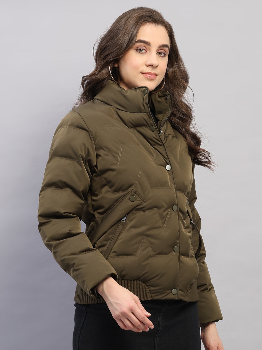 Women Olive Solid Collar Full Sleeve Jacket