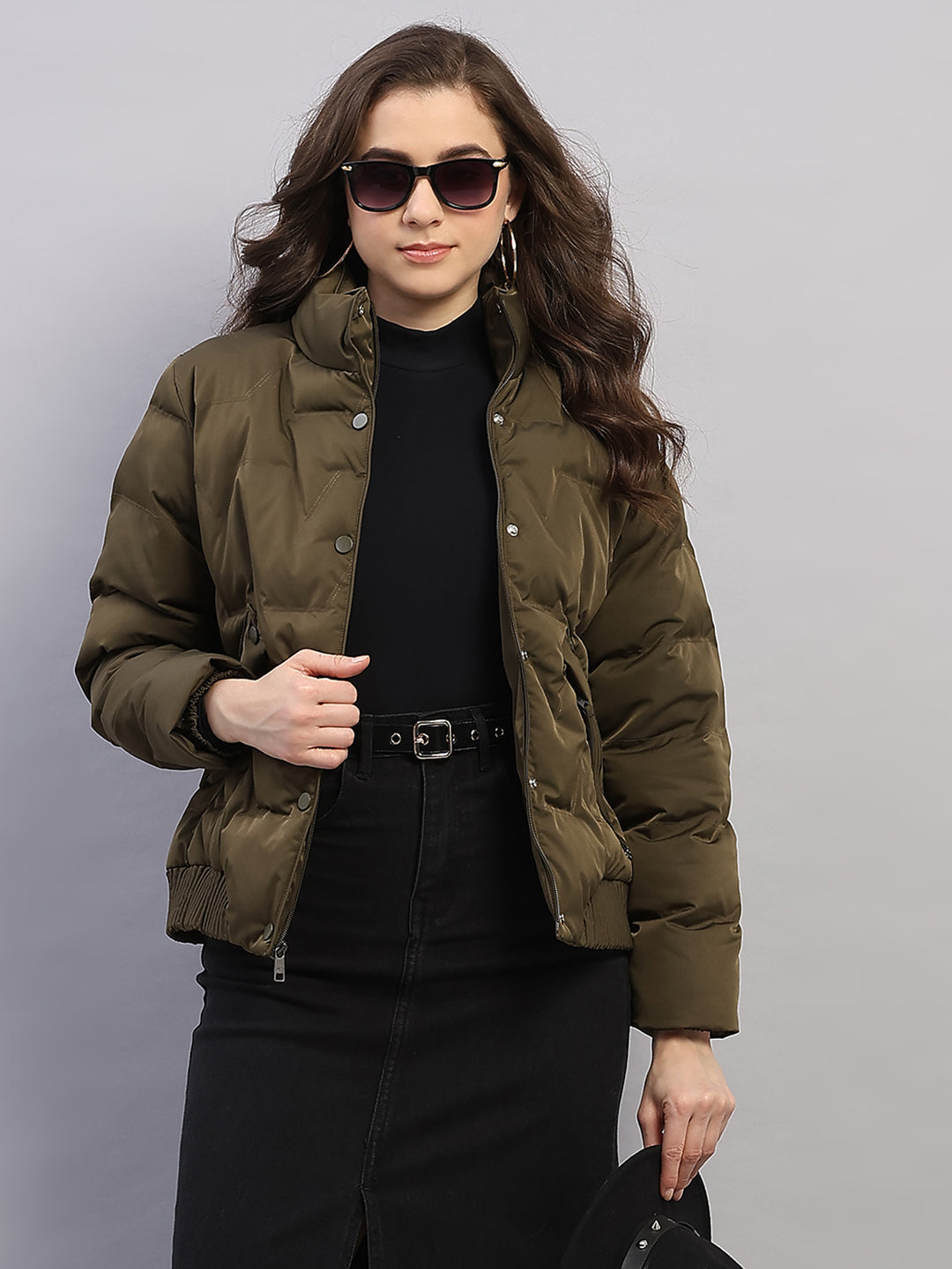 Women Olive Solid Collar Full Sleeve Jacket