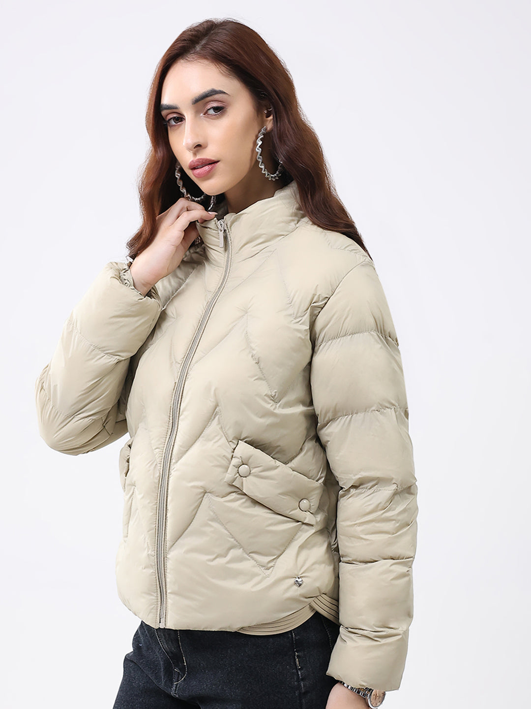 Women Beige Solid Mock Neck Full Sleeve Jacket