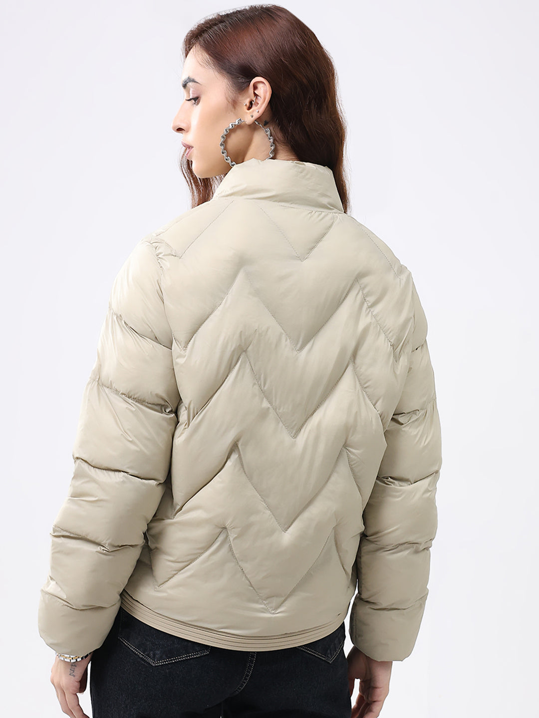 Women Beige Solid Mock Neck Full Sleeve Jacket