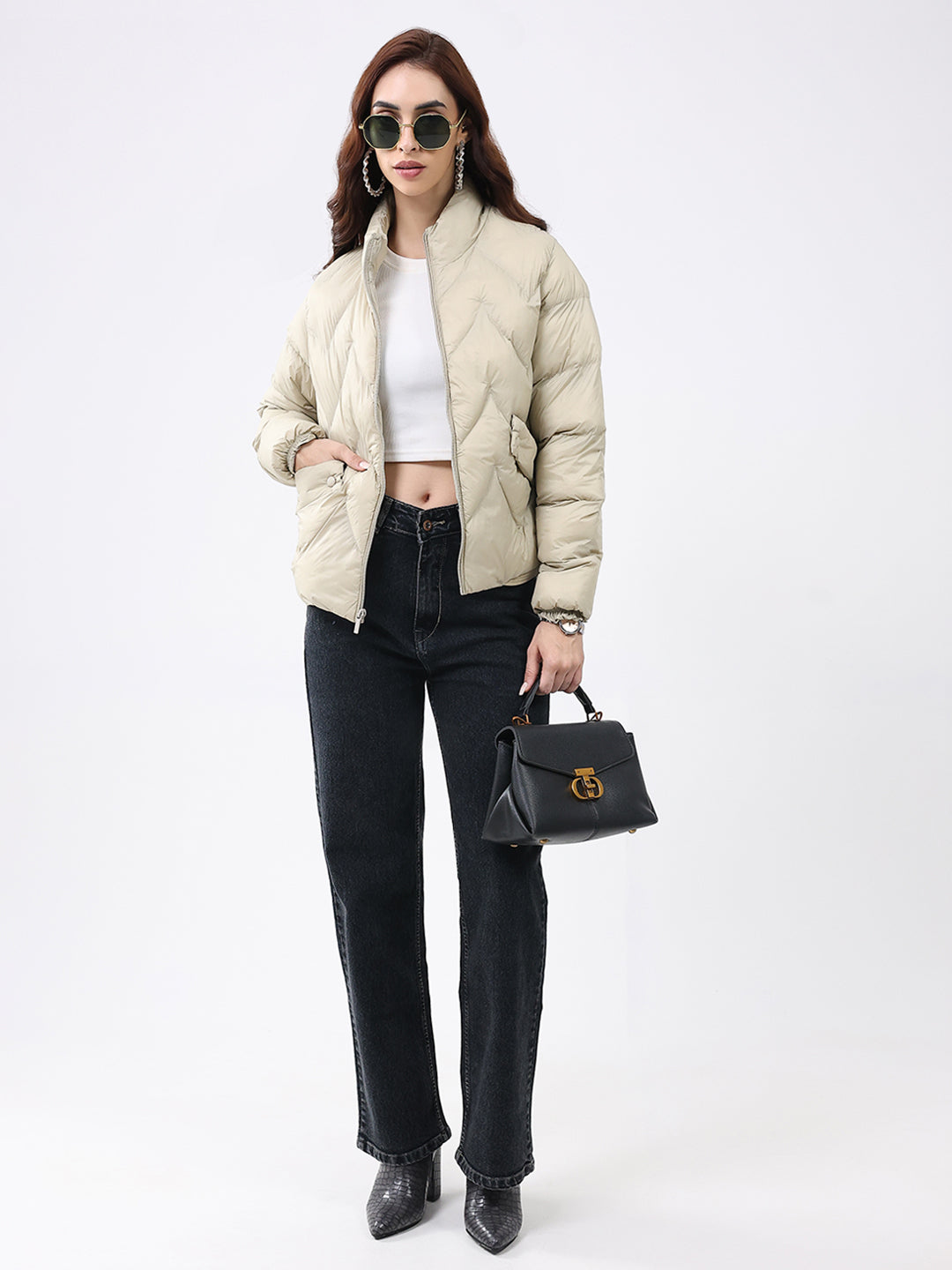 Women Beige Solid Mock Neck Full Sleeve Jacket